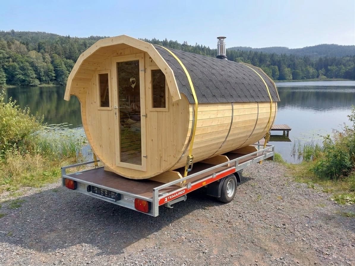 Mobile Fasssauna mit Holzofen für 6-8 Personen